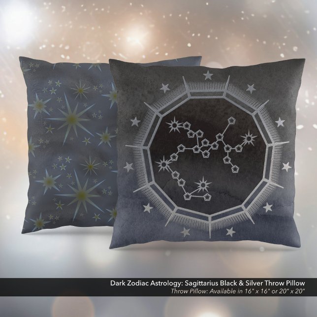 Dark Zodiac Astrology: Boogschutter Zwart & Zilver Kussen (Dark Zodiac Astrology: Sagittarius Black & Silver Square Throw Pillow)