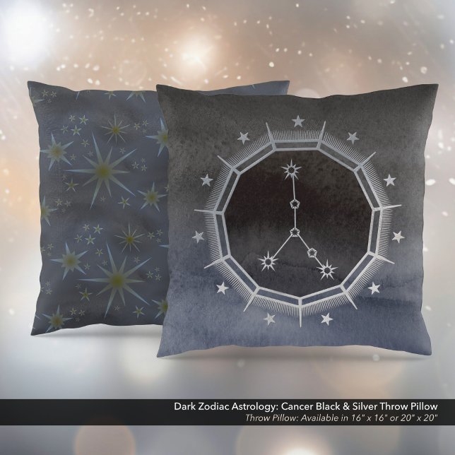 Dark Zodiac Astrology: Kanker Zwart & Zilver Kussen (Dark Zodiac Astrology: Cancer Black & Silver Square Throw Pillow)