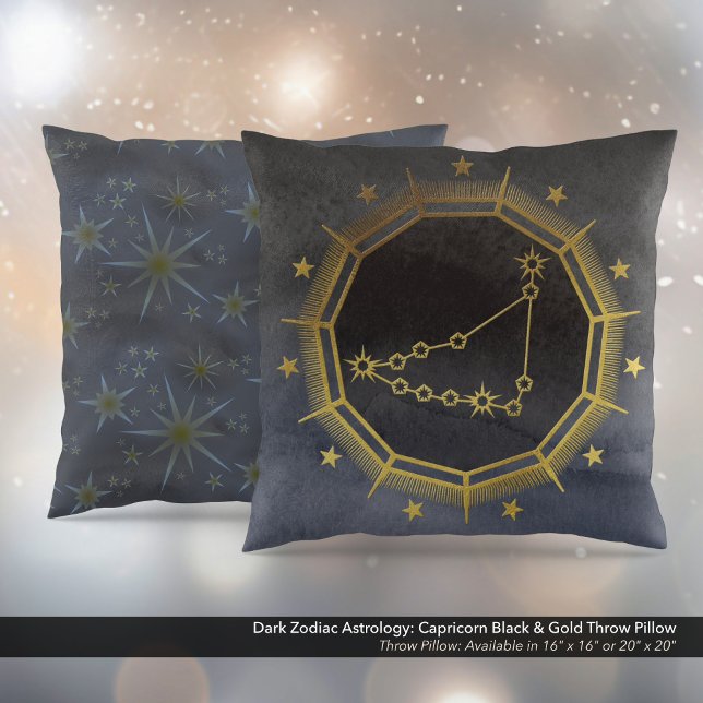 Dark Zodiac Astrology: Steenbok Zwart & Goud Kussen (Dark Zodiac Astrology: Capricorn Black & Gold Square Throw Pillow)