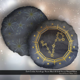 Dark Zodiac Astrology: Vissen zwart en goud Rond Kussen