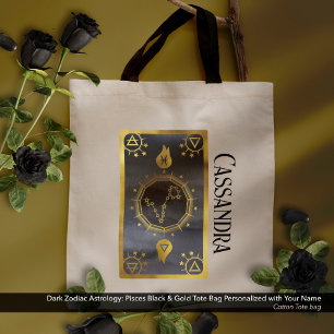 Dark Zodiac Astrology: Vissen Zwart Goud Naam Tote Bag