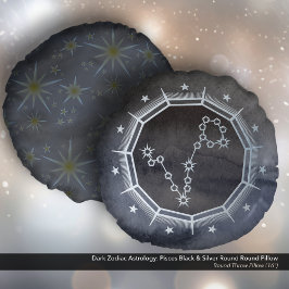 Dark Zodiac Astrology: Vissen Zwart & Zilver Rond Kussen