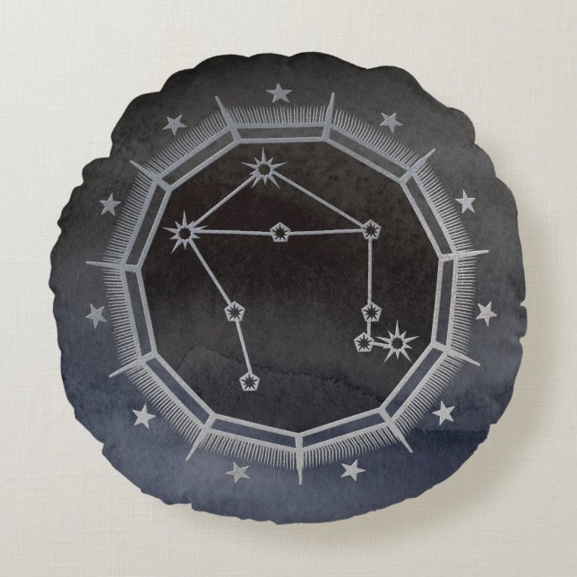 Dark Zodiac Astrology: Weegschaal Zwart & Zilver Rond Kussen (Voorkant)