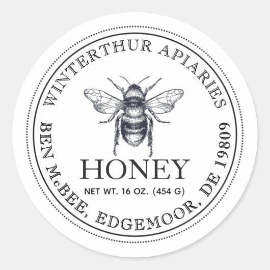 Darker Text Editable White Honey Jar Bee Label (Voorkant)