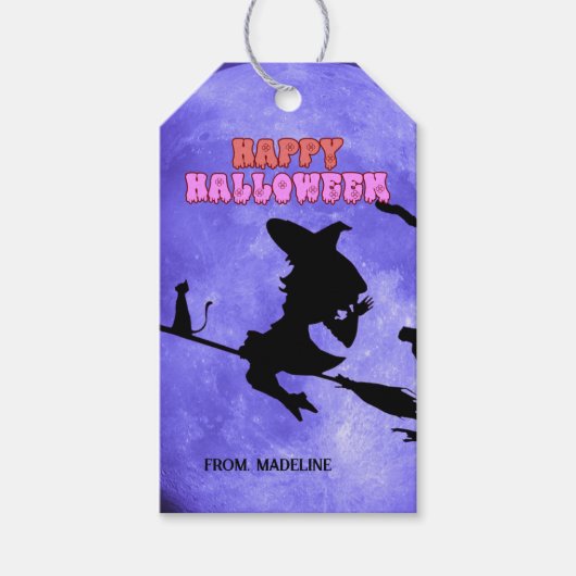 Darknight Halloween feest met schattige kat heks Cadeaulabel (Voorkant)