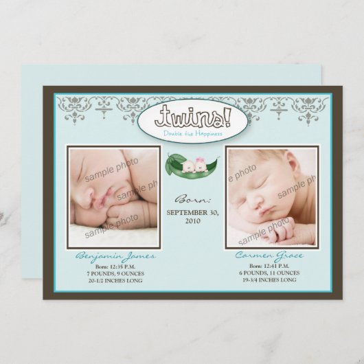 Darling 5x7 Twin Boy/Girl Aqua Birth Announounding Aankondiging (Voorkant / Achterkant)