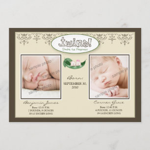 Darling 5x7 Twin Boy/Girl Taupe Birth Notice Aankondiging