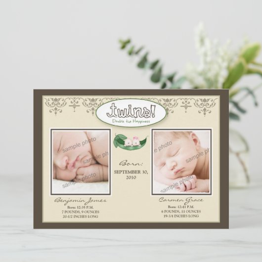 Darling 5x7 Twin Boy/Girl Taupe Birth Notice Aankondiging (Staand voorkant)