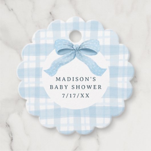 Darling Blue Waterverf Plaid en Bow Baby shower Bedankjes Labels (Voorkant)