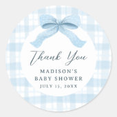 Darling Blue Waterverf Plaid en Bow Baby shower Ronde Sticker (Voorkant)