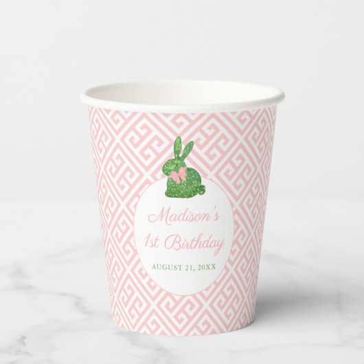 Darling Boxwood Bunny Pink Green Baby Girl Papieren Bekers (Achterkant)
