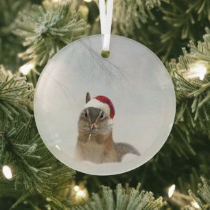 Darling Chipmunk Candy Cane and Santa Hat Glas Ornament
