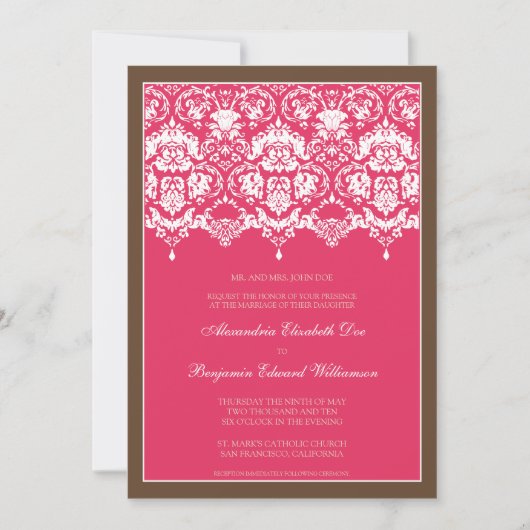 Darling Damask Lace 5x7 Wedding Invitation: roze Kaart (Voorkant)