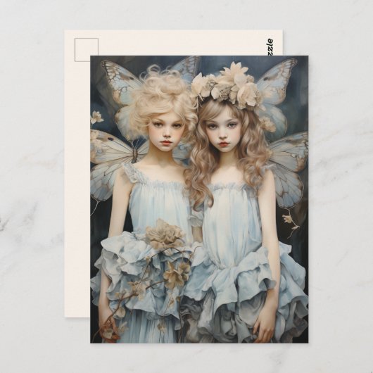 Darling feeën blauw satijn jurk  vleugels briefkaart (Voorkant / Achterkant)