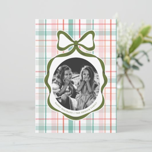 Darling Gingham Bow Foto Kerst Kaart (Staand voorkant)