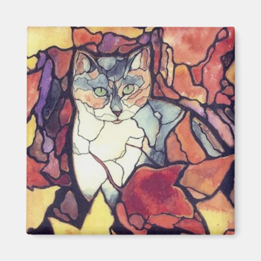 Darling herfst bladeren kitty kat "glas in lood" magneet (Voorkant)