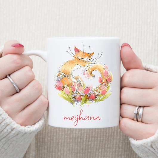 Darling Kitty kat met roze tulpen gepersonaliseerd Tweekleurige Koffiemok