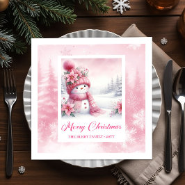 Darling Pink Snowman Winter Scene Christmas Napkin Servet