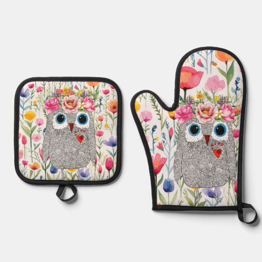 Darling Roze Kroon Bloemen Uil Ovenwant & Pannenlap Set (Voorkant)