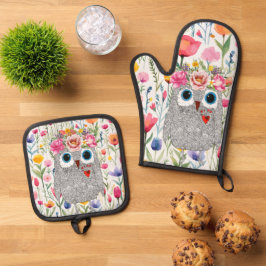 Darling Roze Kroon Bloemen Uil Ovenwant & Pannenlap Set