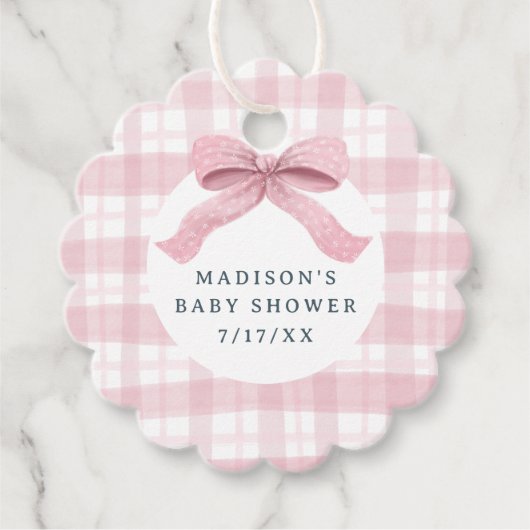 Darling Roze Waterverf Plaid en Bow Baby shower Bedankjes Labels (Voorkant)
