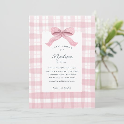 Darling Roze Waterverf Plaid en Bow Baby shower Kaart (Staand voorkant)