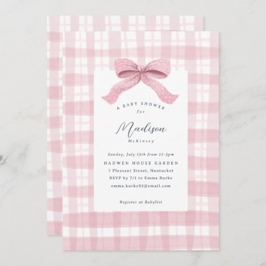Darling Roze Waterverf Plaid en Bow Baby shower Kaart (Voorkant / Achterkant)