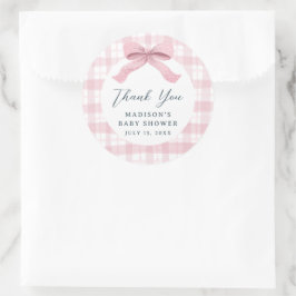 Darling Roze Waterverf Plaid en Bow Baby shower Ronde Sticker