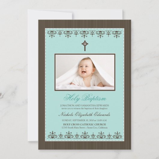 Darling Victoriaans 5x7" Aqua Baptisme Invitation Kaart (Voorkant)