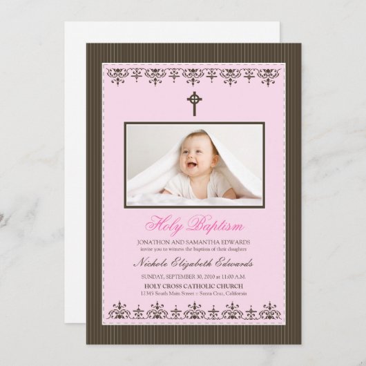 Darling Victoriaans 5x7" roze Baptisme Uitnodiging (Voorkant / Achterkant)