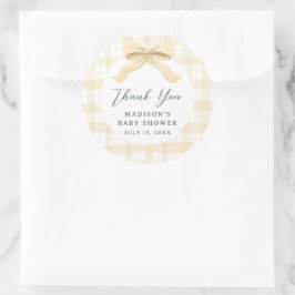 Darling Yellow Waterverf Plaid & Bow Baby shower Ronde Sticker