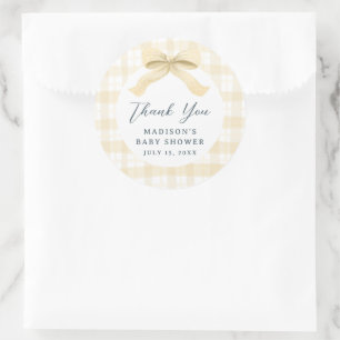 Darling Yellow Waterverf Plaid & Bow Baby shower Ronde Sticker