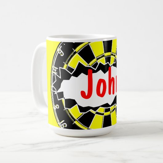 Dart board mok koffie met persoonlijke naam (Voorkant links)