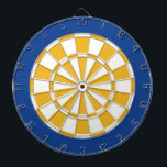 Dart Board: wit, goud en blauw Dartbord<br><div class="desc">Wit,  goud en blauw gekleurd kunstbordspel met 6 messenmakertjes</div>