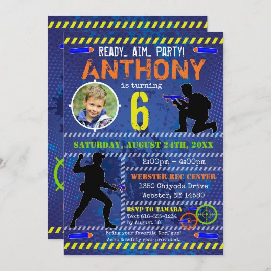 Dart foto uitnodigen Dart Pistool verjaardagsfeest Kaart (Voorkant / Achterkant)