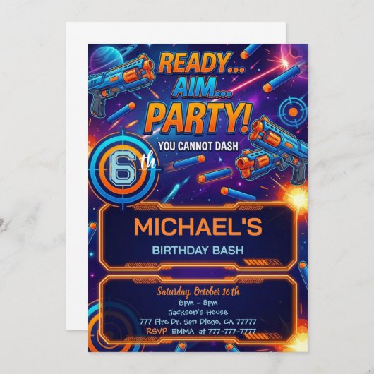 Dart Gun Birthday Invitation Kaart (Voorkant / Achterkant)