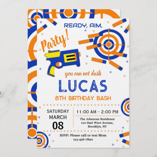 Dart Party Birthday Invitation | Dart Gun Kaart (Voorkant / Achterkant)