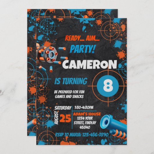 Dart Party Birthday Invitation | Dart-Pistool Kaart (Voorkant / Achterkant)