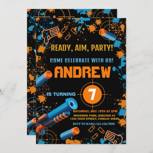 Dart Party Birthday Invitation | Dart-Pistool Kaart (Voorkant / Achterkant)