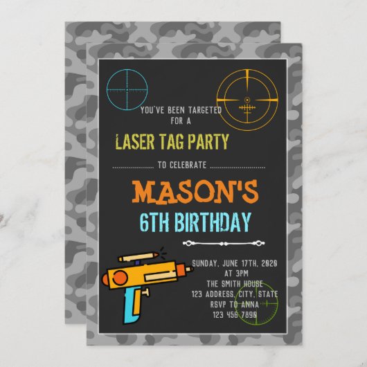 Dart pistool laser label verjaardaguitnodiging kaart (Voorkant / Achterkant)