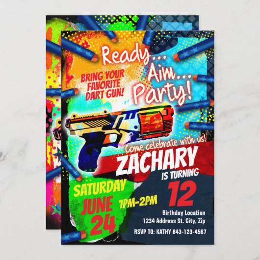 Dart pistool verjaardagsuitnodiging, Dart pistool Kaart (Voorkant / Achterkant)