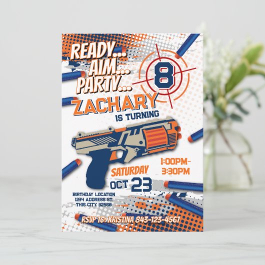 Dart pistool verjaardagsuitnodiging kaart (Staand voorkant)