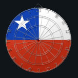 Dartboard met vlag van Chili Dartbord<br><div class="desc">Verhoog uw speelkamer met ons unieke dartboard met de vlag van Chili! Dit dartboard toont het ontwerp van de Chileense vlag, gekenmerkt door een blauw vierkant met een witte ster in de linkerbovenhoek, een witte band over het midden en een rode band eronder. De levendige kleuren en iconische ster vertegenwoordigen...</div>