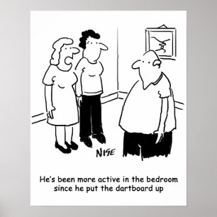 Dartbord in de slaapkamer. Grappige cartoon Poster
