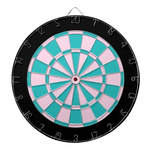 Dartbord: lichtroze, turquoise en zwart dartbord (Voorkant)