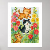 Dartelende Landkatten in Bloementuin Poster (Voorkant)