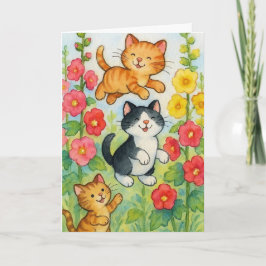 Dartelende landkatten in bloementuin verjaardag kaart