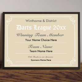 Darts Competition Certificate Poster
