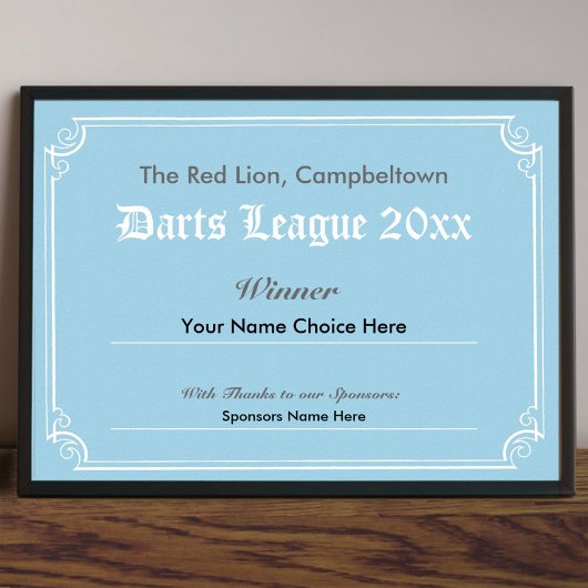 Darts Competition Winner's Certificate Poster