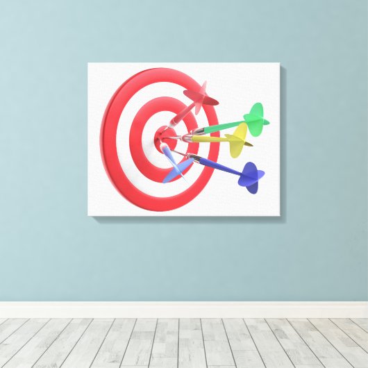 Darts die het midden van dartboard raken canvas afdruk (Insitu (Houten vloer))